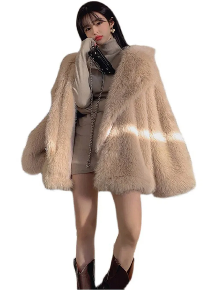 Winter Imitation Fox Fur Coat Women Mid-length Thickened Warm Jacket Fashion Streetwear Suit Collar Fur Coat Female LR2336