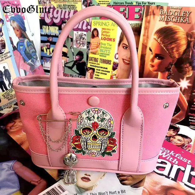 

Vintage Skull Totes Shopping Handbags Women Fashion Pink Pu Leather Shoulder Crossbody Bag Punk Y2K Printing Purse Female 2022