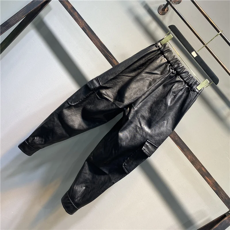 Брюки женские из искусственной кожи модные элегантные сафари с карманами