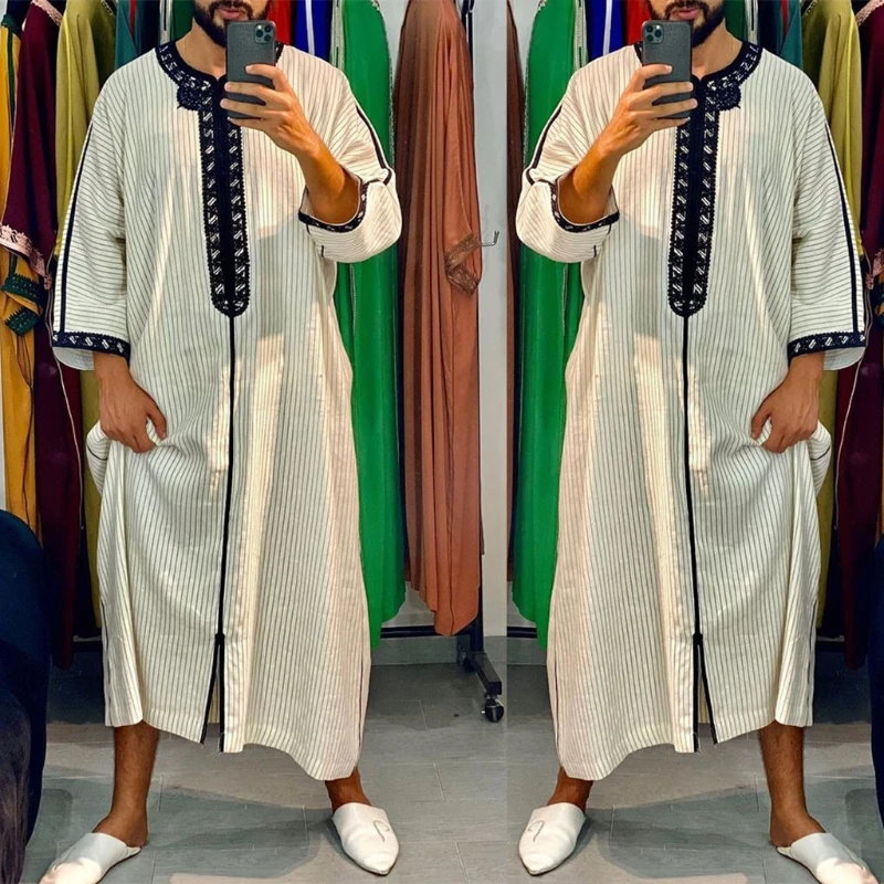 2022 Printting Muslim Mens Casual Loose Long Sleeve Middle East Saudi Arab Kaftan Islamic Abaya Dress Dubai Robes