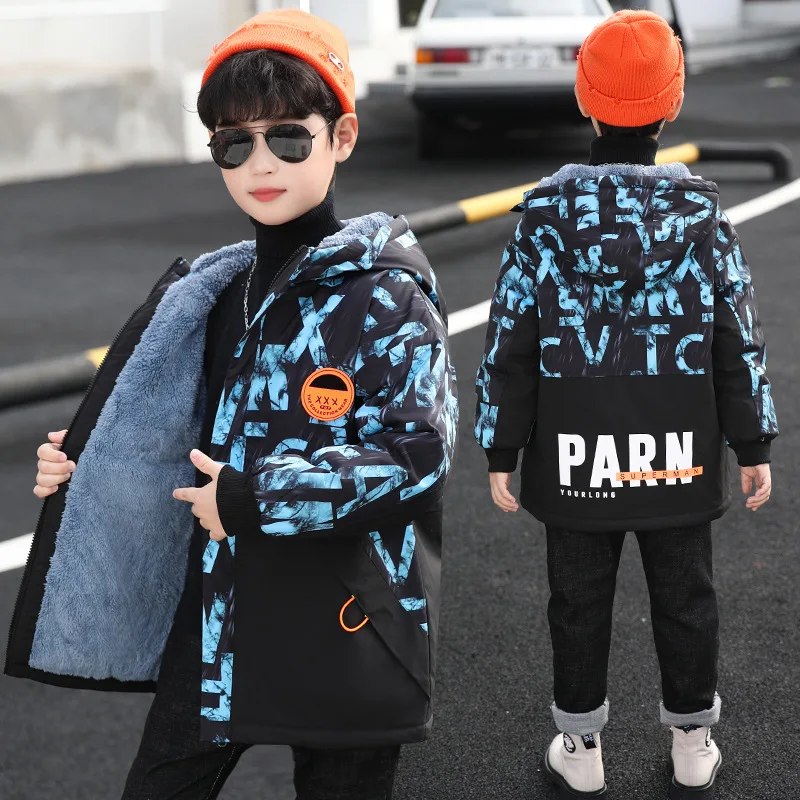 

Winter Boys Contrast Alphabet Warm Fleece Hooded Zip Puff Jackets Children Therme Parka School Kids Outfit Top Coats 4-15 Years