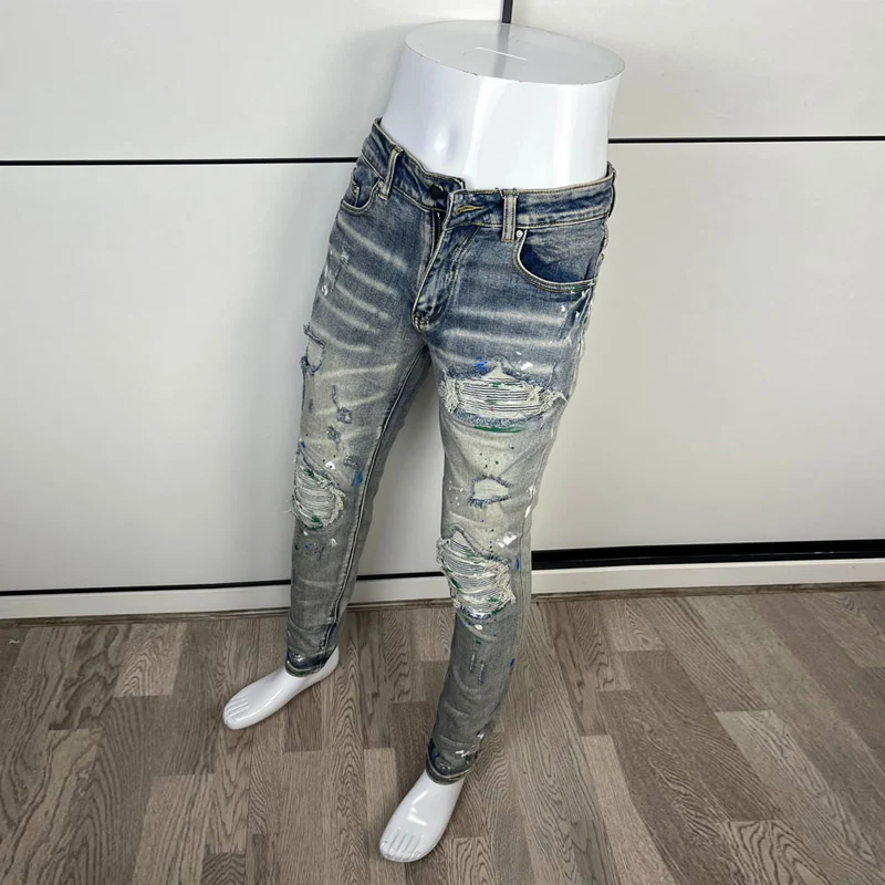 Street Fashion Men Jeans Retro Blue Elastic Slim Fit Painted Ripped Jeans Men Patched Designer Hip Hop Denim Brand Pants Hombre