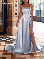 a line formal evening birthday dress spaghetti strap sleeveless court train charmeuse with sleek slit pure color 2022 best