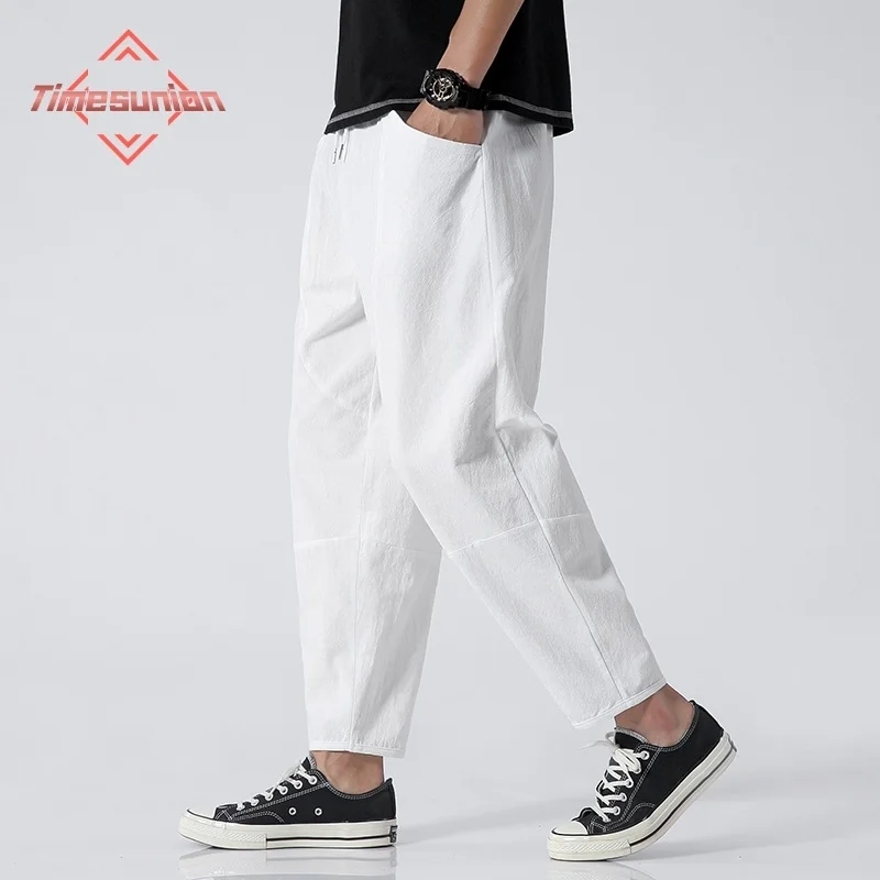 

100% Cotton Summer Casual Pants Man Trendy Japanese Cropped Pants Loose Pants Men 5xl