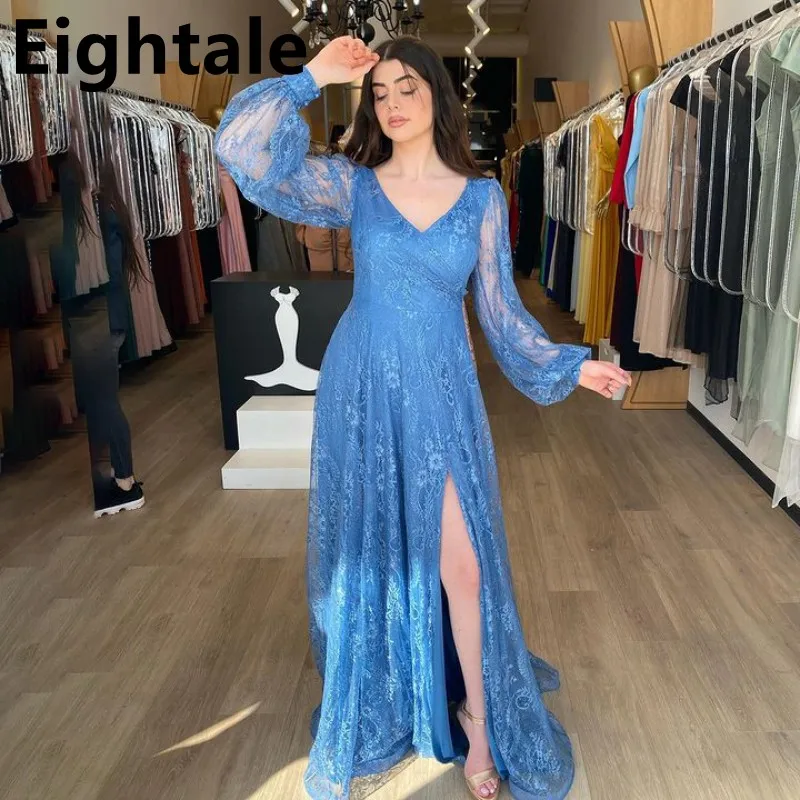 

Eightale Long Sleeve Lace Boho Evening Dresses 2022 Celebrity Designer Prom Dress V Neck Side Slit Formal Party Gown Vestidos