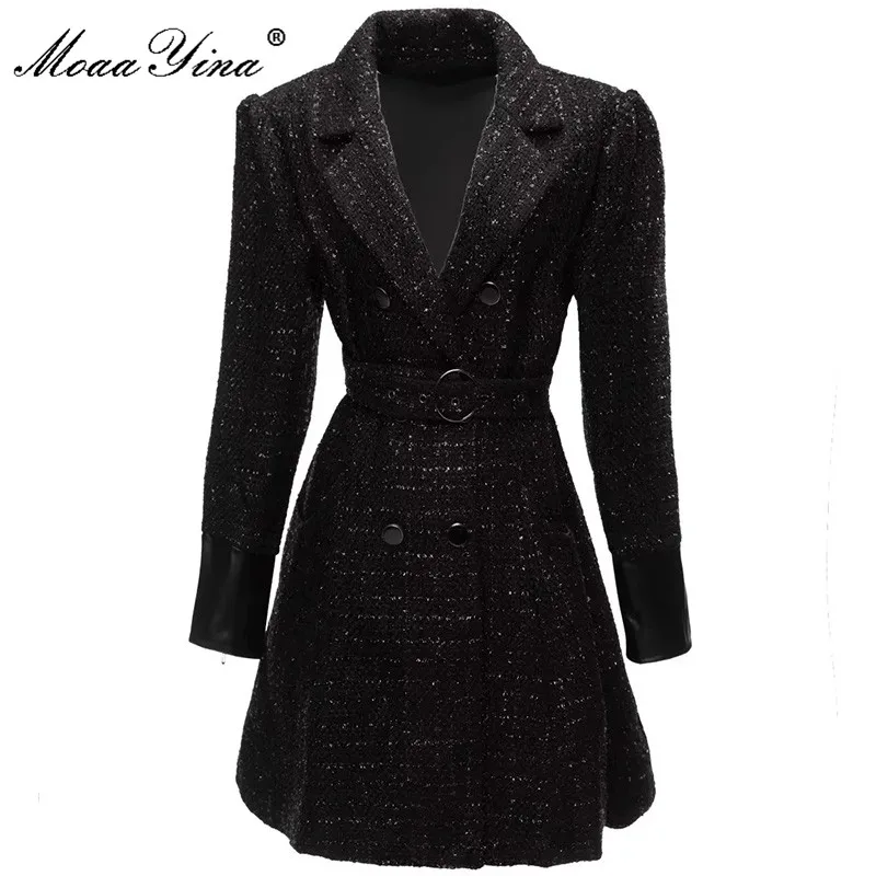 

MoaaYina Fashion Runway Spring Coat Women's Long Sleeve Double-breasted Belted Slim Black Tweed Jackets Overcoat