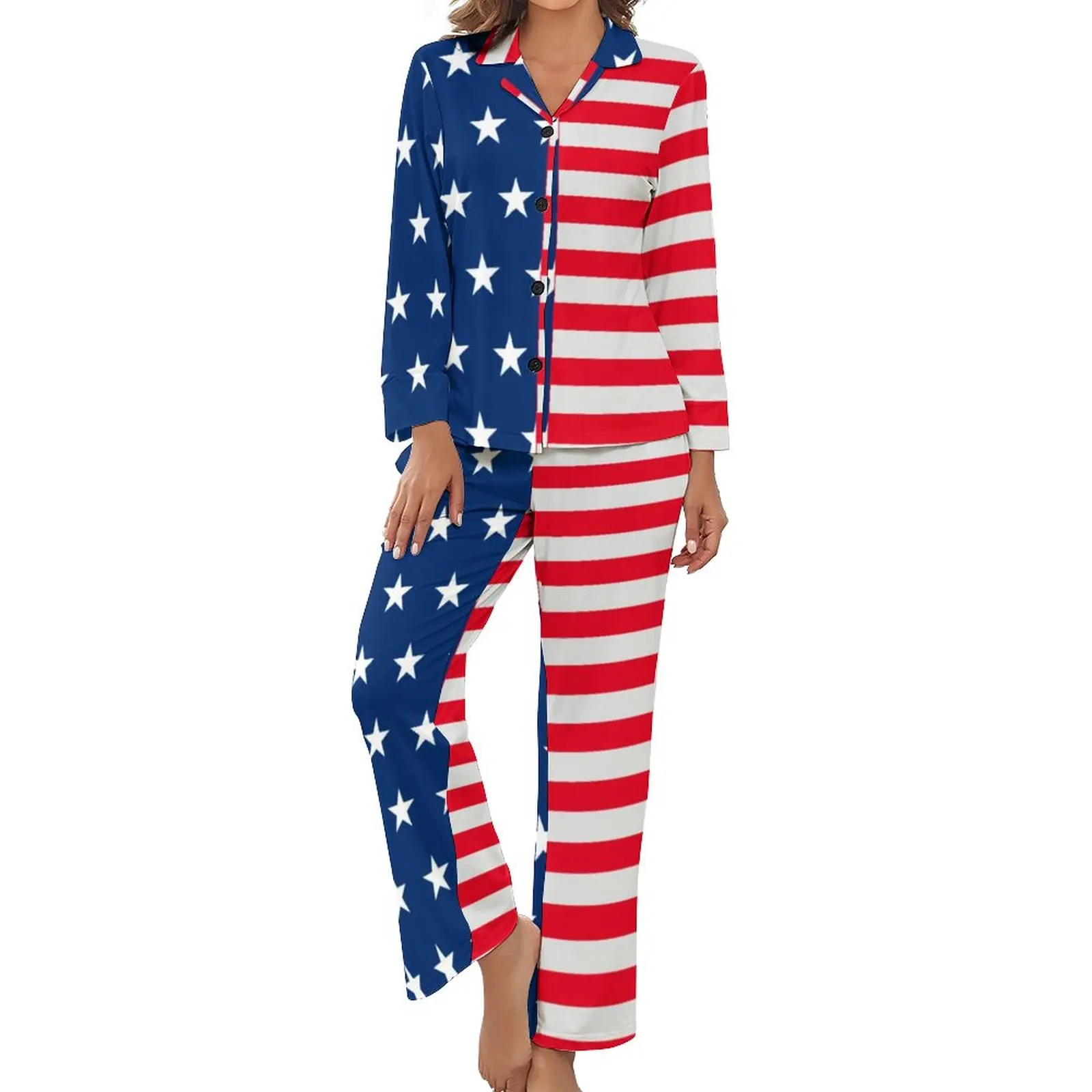

USA Flag Print Pajamas Spring 2 Pieces Stars and Stripes Warm Pajama Sets Female Long Sleeve V Neck Night Print Sleepwear