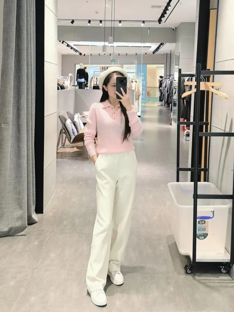 Зима 2024 новый микрофон модный простой и универсальный розовый воротник-поло с