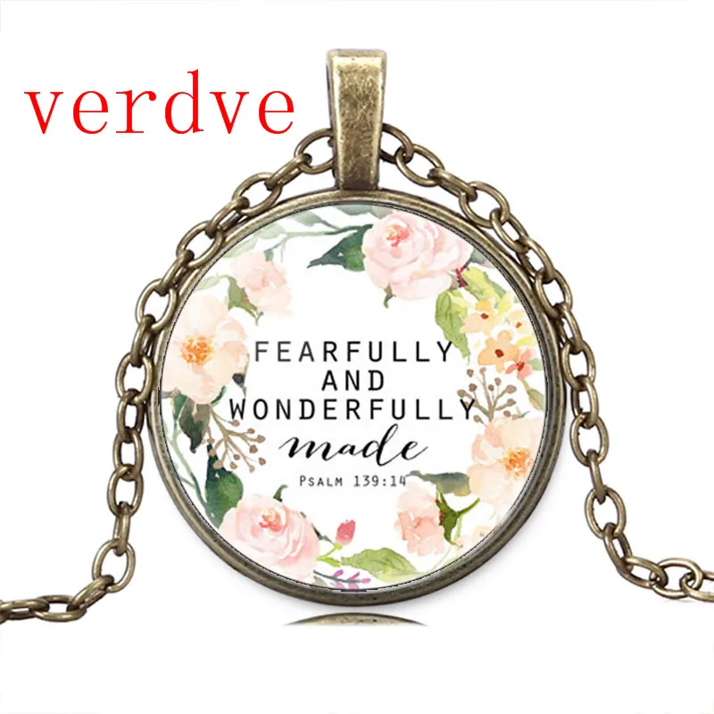 

2022 Psalm 139 14 Fearfully and Wonderfully Made Quote Bible Verse Necklace Cabochon Charm Pendant Necklace for Women Men Gift