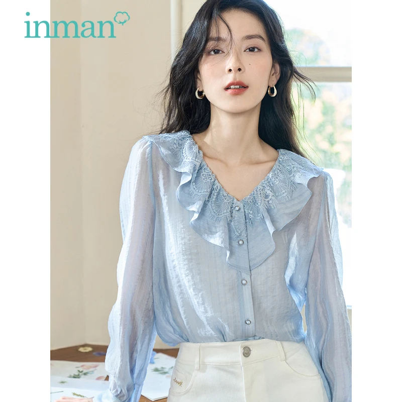 INMAN Women Blouse 2023 Autumn Long Sleeve V Neck Loose Shirt Flounces Design Jacquard Elegant Apricot Blue Tops