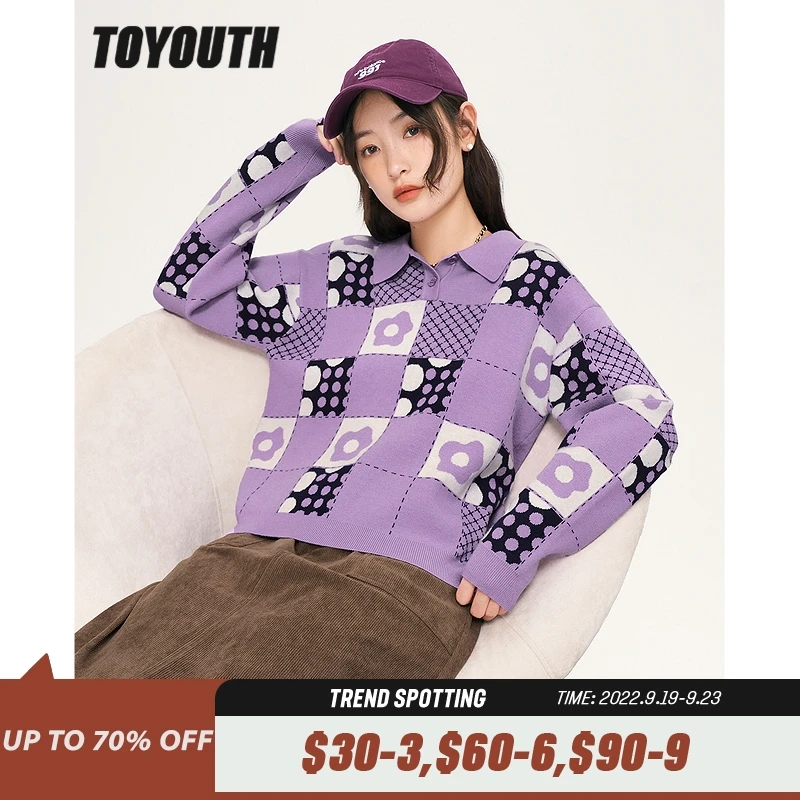 Toyouth Women Sweaters 2022 Winter Long Sleeves Polo Neck Knitted Pullover Checkerboard Polka Dot Print Casual Chic Tops