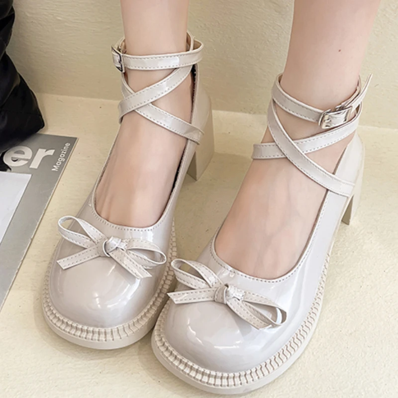 

With Heel Shoes Women 2022 Spring New Mary Jane Women's Shoes Fashion Middle Heel Shoes Women Trend Bow High Heels Women