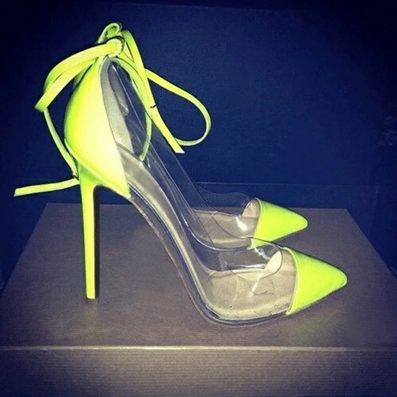 Fluorescent Green Patent Leather PVC Patchwork High Heels Pumps Clear Transparent Ankle Strap Pointed Toe Stiletto Heel Shoes