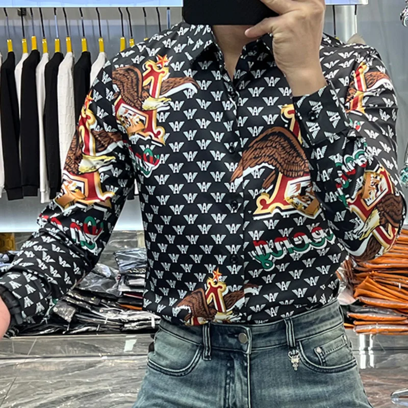 

2023 Animal Eagle Camiseta Masculina Shirts For Men Social Club Outfits Spring Trend Brand Fashion Hot Diamond Print Shirt