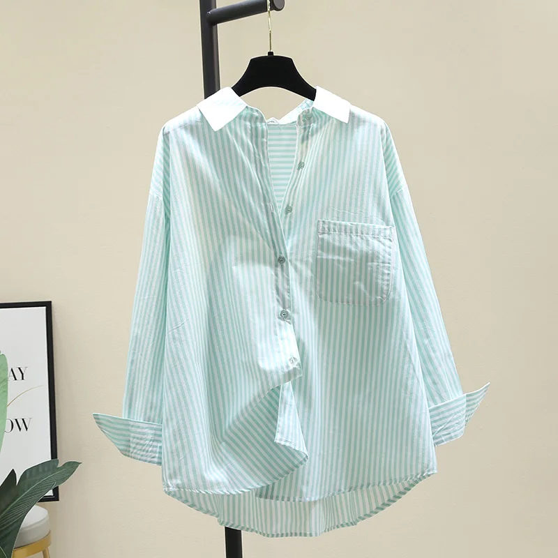 

SuperAen Green Turn Down Collar Striped Shirt 2022 Spring New Full Casual All Match Slim Womens Tops