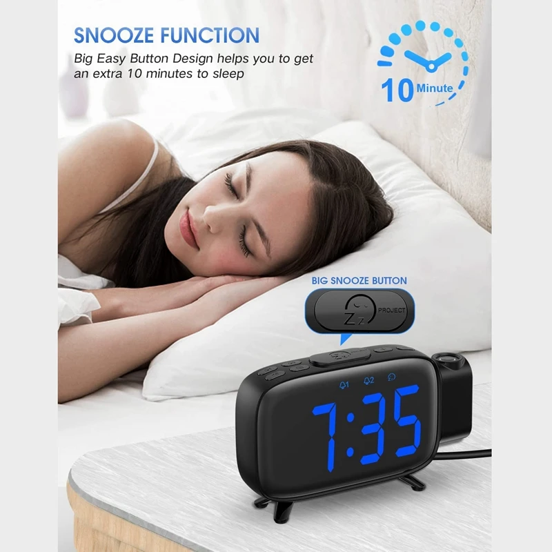 

Projection Alarm Clock Radio With 180° Projector, 7 Sounds Dual Alarms, Snooze,Dimmable Large LED Display Clock For Kid