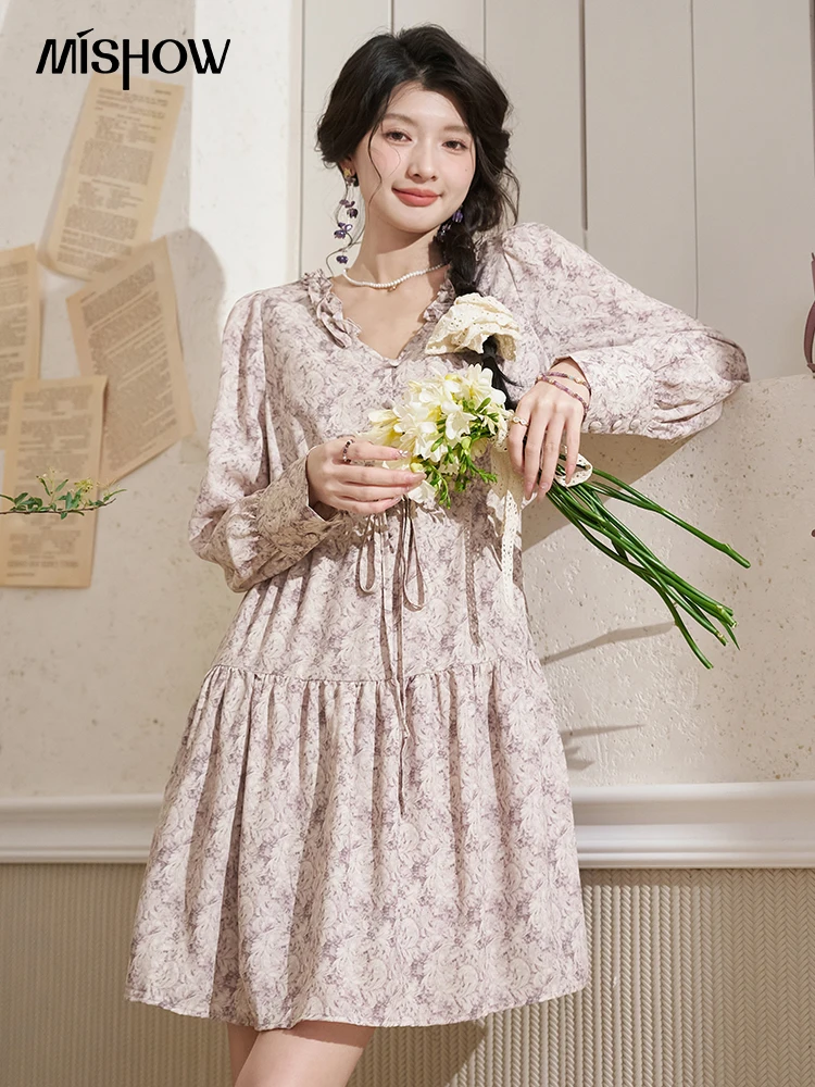 MISHOW платье с v-образным вырезом и длинными рукавами цветочным принтом для женщин