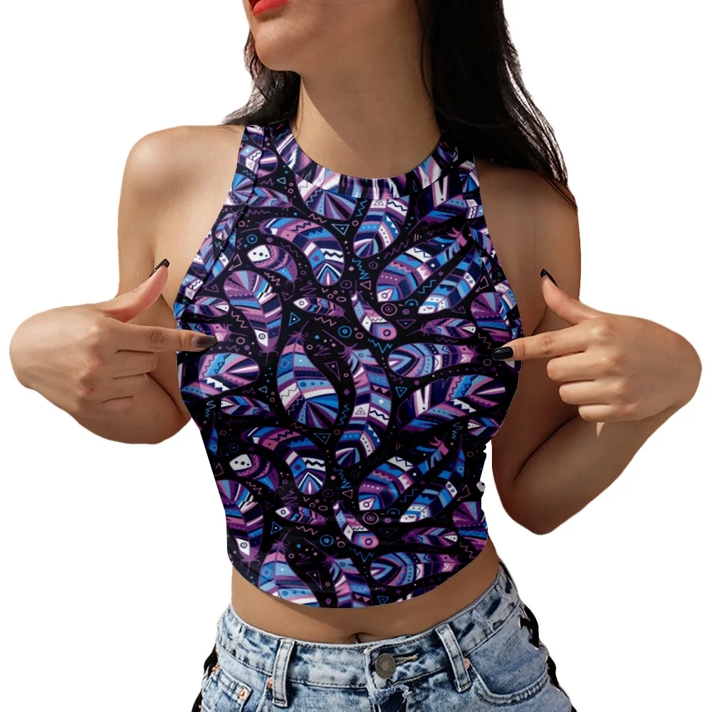 

2022 Feather print Summer Sexy Navel Cropped Tank Top Beach Hawaiian Sleeveless Tank Top T-Shirt -