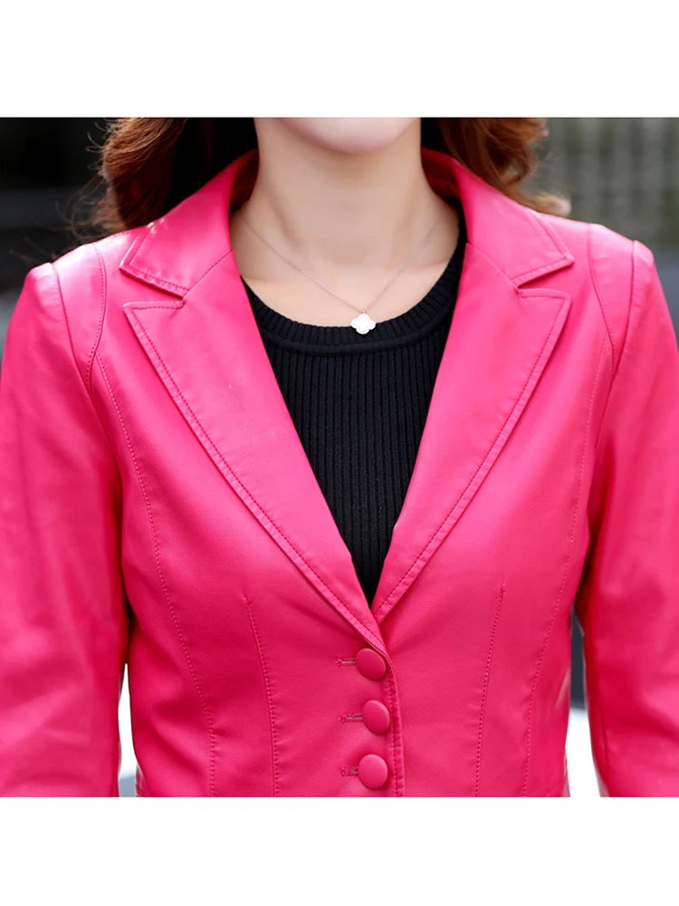 New Women Leather Blazer Spring Autumn Classic Fashion Suit Collar Long Sleeve Slim Short Jacket Split-Leather Tops Coat Female