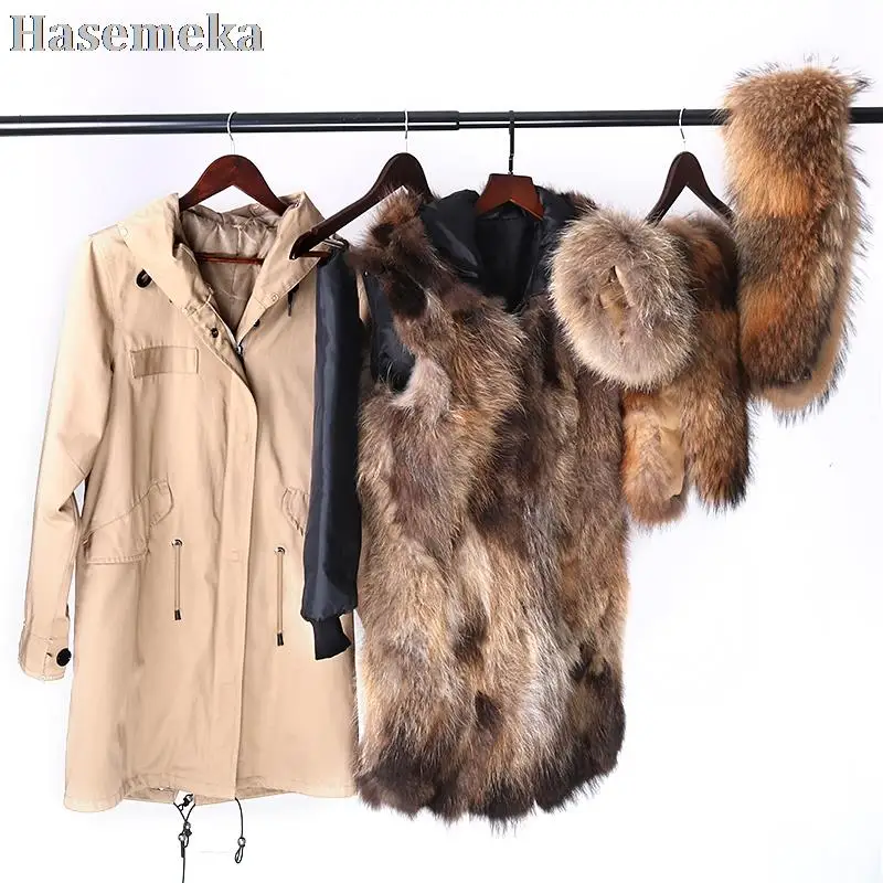 Men's 100% Real Fox Fur Coat Parka Winter Waterproof Long Jacket Man Natural Raccoon Fur Collar Hooded Fur Streetwear