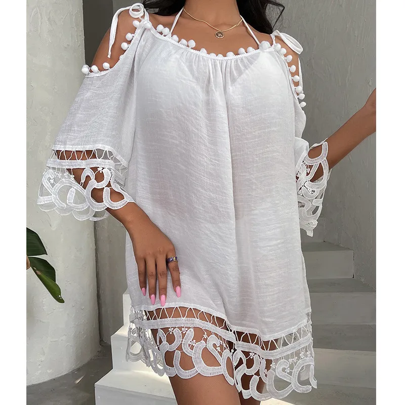 

Swimming Dress For Woman Sexy Cover Up Swimwear Female Tunic Beach Summer 2023 Pareo Clothes Frocks Boho Cape Bamboo Loose Lace