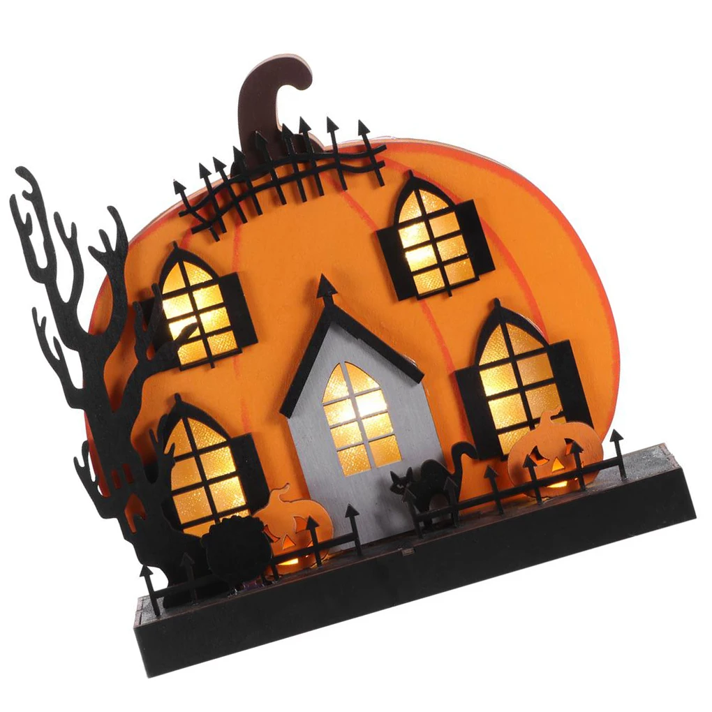 

Halloween Tabletop Figurine Arrangement Pumpkin House LED Wood Statue