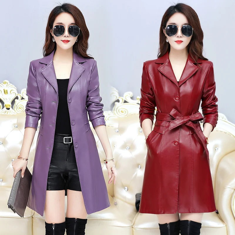 100% genuine real 2023 Middle aged Women's Large Haining Leather Shirt Medium long lapel Slim Versatile trench Mother's coat