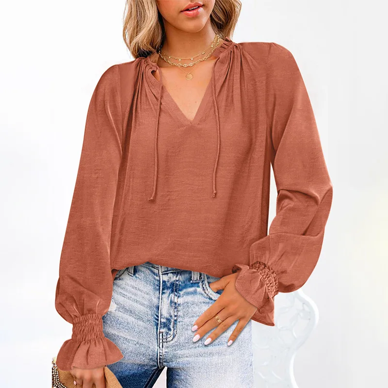 

New Women Long Flare Sleeve V-neck Blouses Autumn 2022 Elegant Ladies Loose Fit Casual Solid Color Shirts Female Drawstring Tops