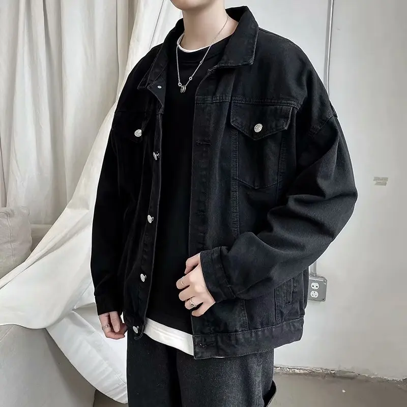 

Collar Black Short Clothing Turn Outwear Streetwear Coats Jacket Man Pockets Jeans Bomber Casual Men Denim Down Overalls Jacket