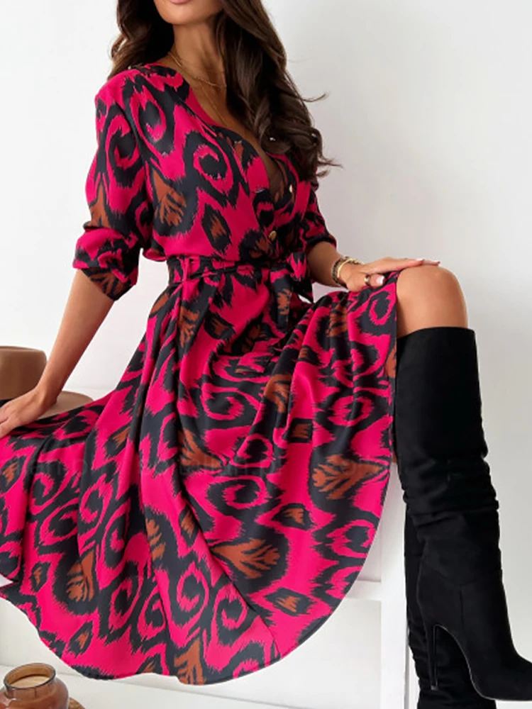 

Elegant V Neck Waist A-Line Party Dress Spring Casual Button Lace Up Pleated Big Dress Women Pattern Print Long Sleeve Dress