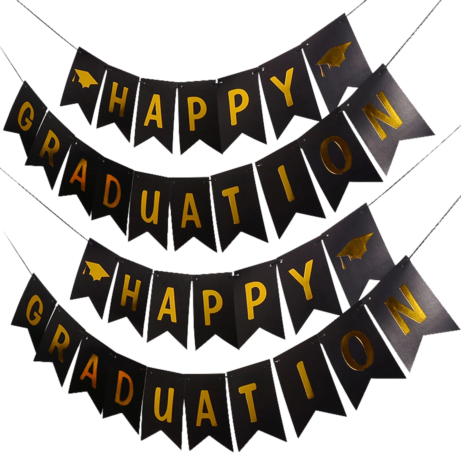

2pcs Gold Signs With Rope Happy Backdrop Hanging Flags Decorations Congrats Grad Black College Bunting Graduation Banner