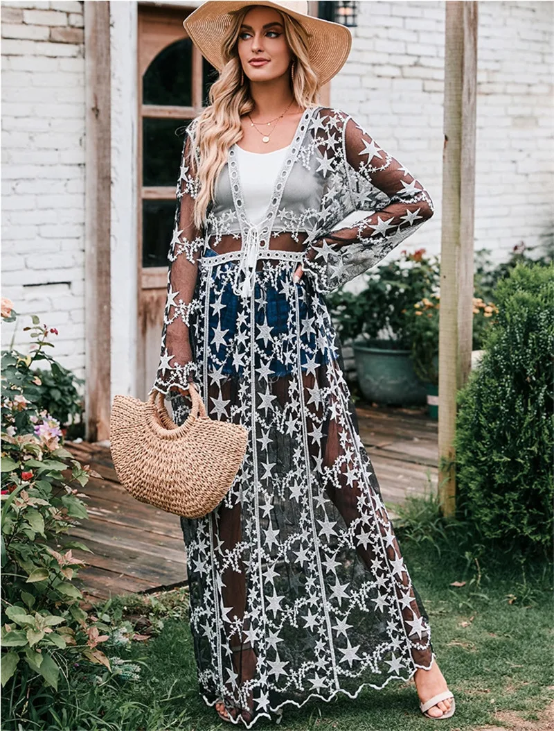 

Пикантное платье Caftan с глубоким V-образным вырезом, Пляжное кружевное платье в стиле бохо, стринги, купальный костюм, накидка на бикини, женс...