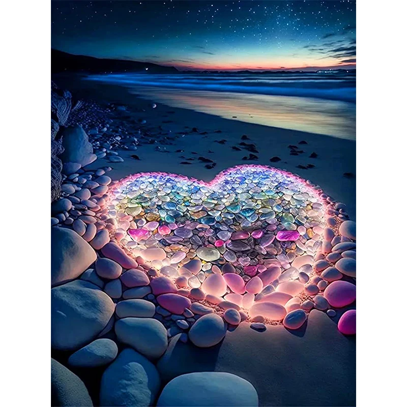 

DIY Full Round Diamond Painting Stone Heart 5D Handmade Diamond Embroidery Mosaic Beach Sunset Landscape Art Kit Home Decoration