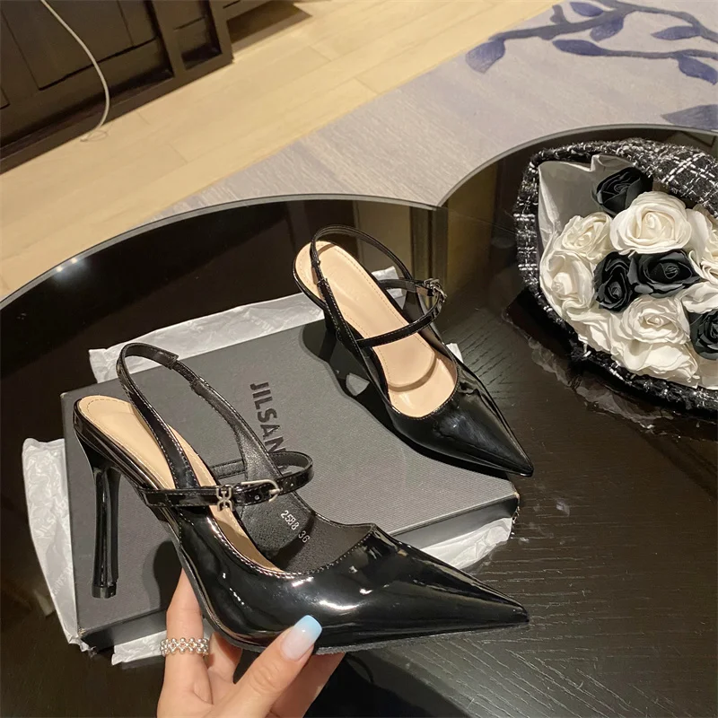 

Shallow Mouth Pointed Shoulder Strap Single Shoe 2022 Summer New Sexy Temperament Black Stiletto High Heels Women's Shoes