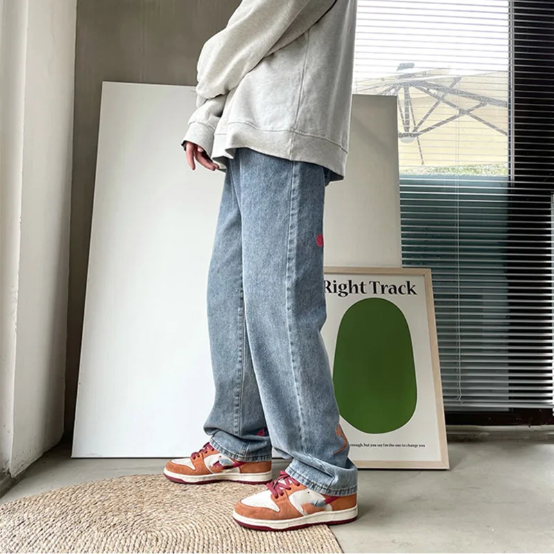 New Embroidery Jeans for Men Baggy Denim Trousers Fashion Street Style Bottoms Harajuku Straight Pants Plus Size Male Clothes