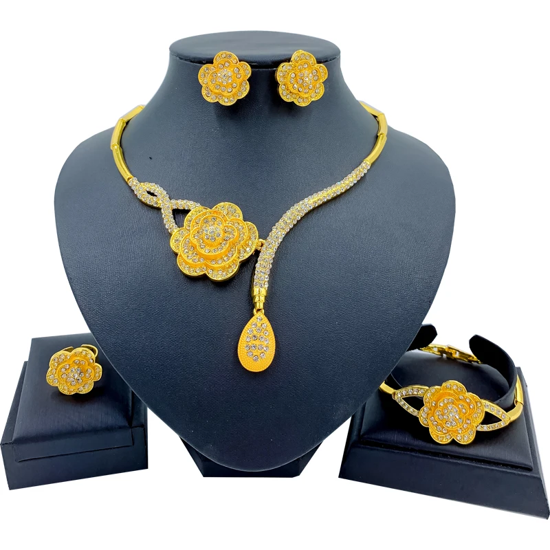 

New African Jewelry Sets for Women Y Necklace Bangle Earrings Ring Luxurious Dubai Gold Jewellery Set