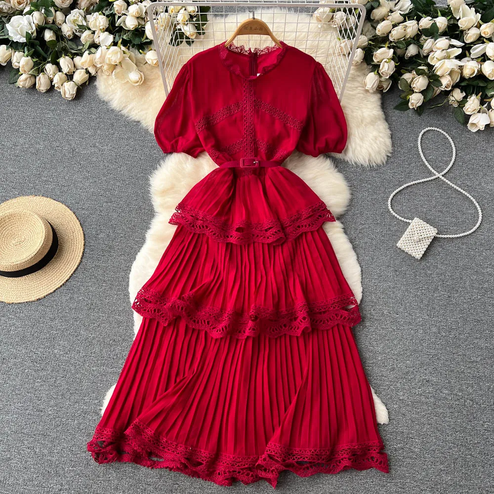 

French Summer New Women Round Neck High Waist Slim Short Sleeve Chiffon Stitching Elegant Dress Party Clothes Vestidos G951