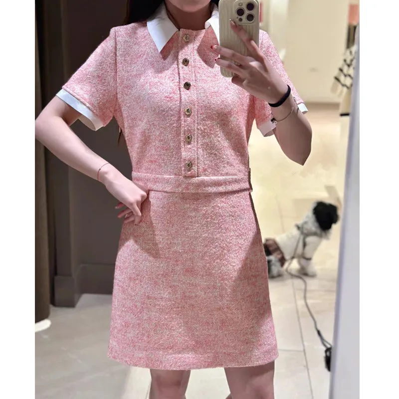 French Pink a line Dress Tweed Shirt Collar High-waisted sweet Dresses Short Sleeves Small Fragrant Wind Korea Dress for Women