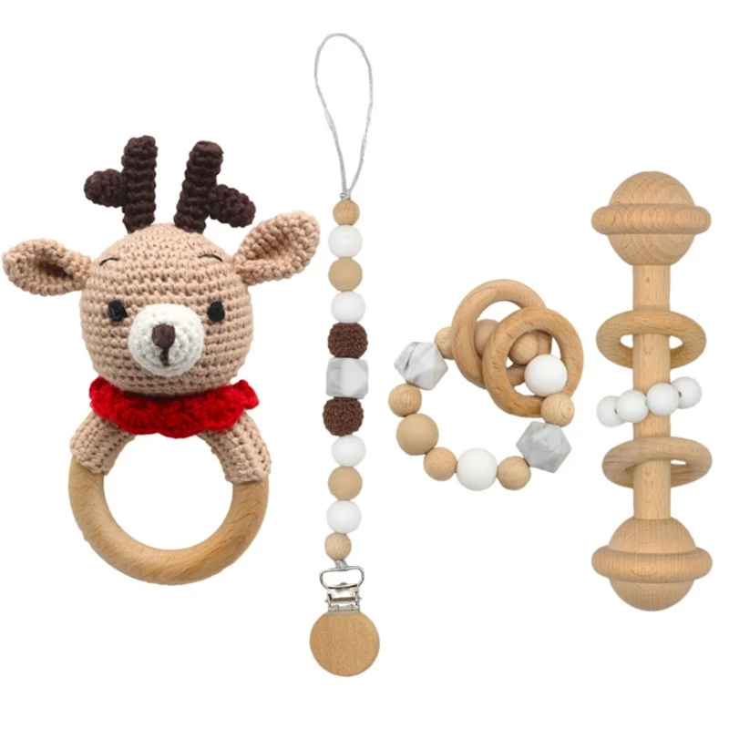 

Baby Pacifier Clip Dummy Chain Holder Wooden Teething Bracelet Crochet Toy Rattle Soother Molar Infants Teether Newborn Shower