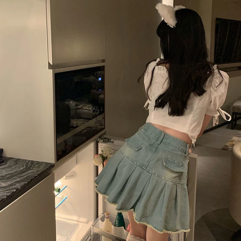 ВИНТАЖНАЯ ДЖИНСОВАЯ мини-юбка HOUZHOU Женская состаренная Милая трапециевидная