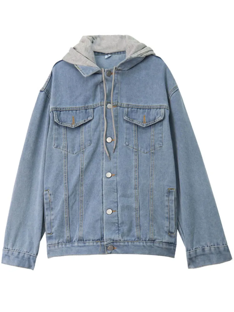 

Hooded Denim Jacket Women's Autumn Korean Style LooseAutumn Small Retro Denim Clothes Button Patchwork Outwear Jean Coat Female