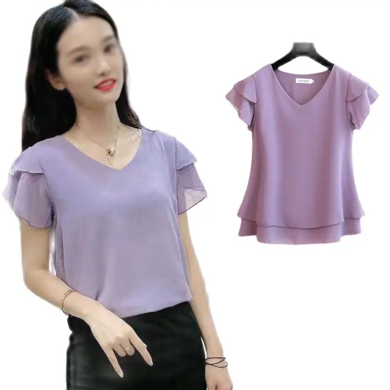 

Spring, Summer, Short Sleeve V-Neck Chiffon Loose Shirt Jacket Fashion Brand Big Size And Thin Women Leisure Shirt Button
