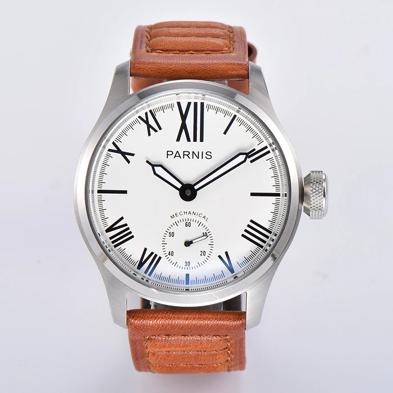 

Parnis 46.5mm White Dial Mechanical Hand Wind Men Watch Leather Strap Men's Watches herren uhren With Box Gift Man Clock 2022