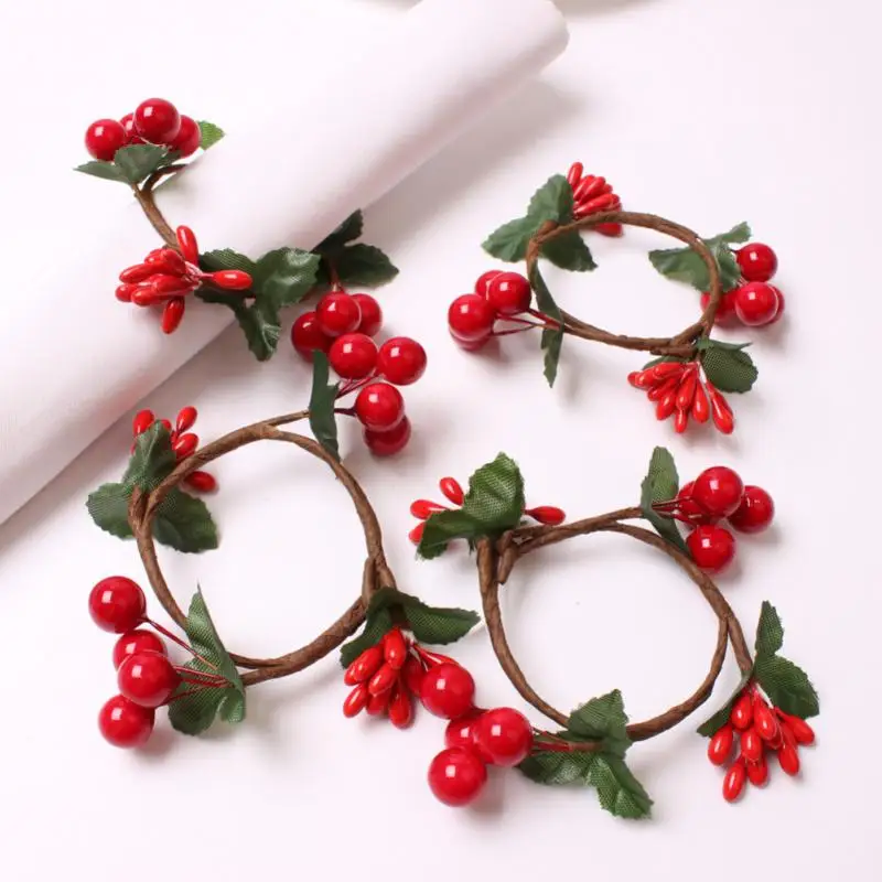 

6pcs DIY Handmade Berry Wreath Napkin Ring Red Fruit Napkin Buckle Christmas Napkin Ring Candle Ring Hotel Towel Ring