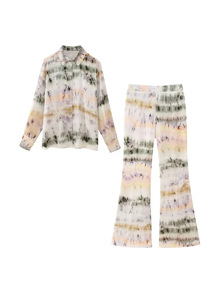 

Women New Fashion Tie dyed printed Casual Blouses Vintage Long Sleeve Button-up Female Shirts Chic Tops + Pants Women's suit