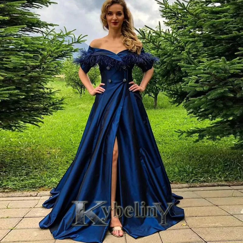 

Kybeliny DarkBlue Slit Boat-Neck Evening Dresses Aline Prom Robe De Soiree Graduation Celebrity Vestidos Fiesta Women Formal