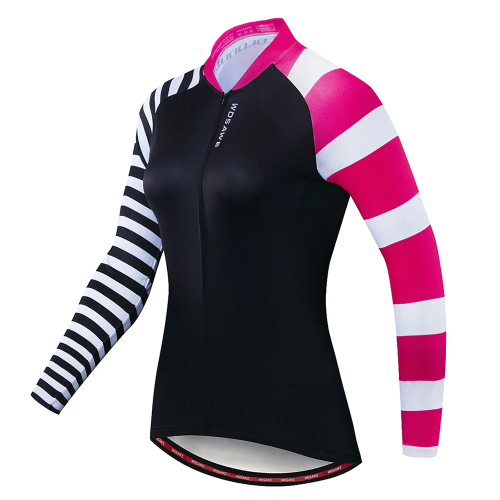 

WOSAWE Women's Cycling Bicycle Jersey Tops Shirt Stripe Long Sleeve Riding Bike Full Zipper Maillot Ciclismo Bike Jersey