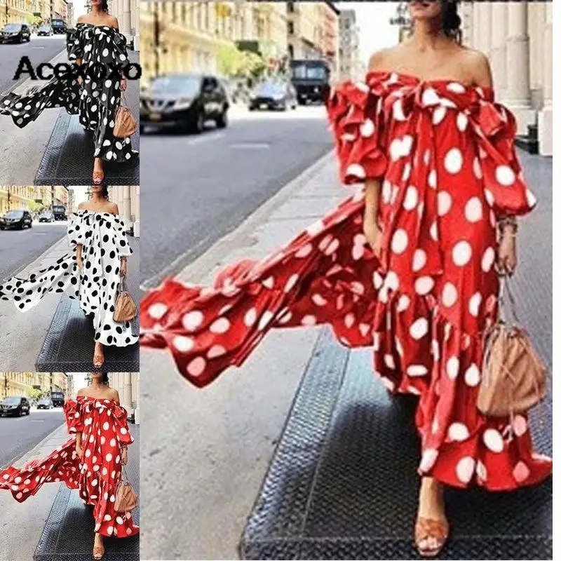 

2023 new fashion European and American women's dress Amazon off-shoulder polka dot casual Bohemian long dress dress women