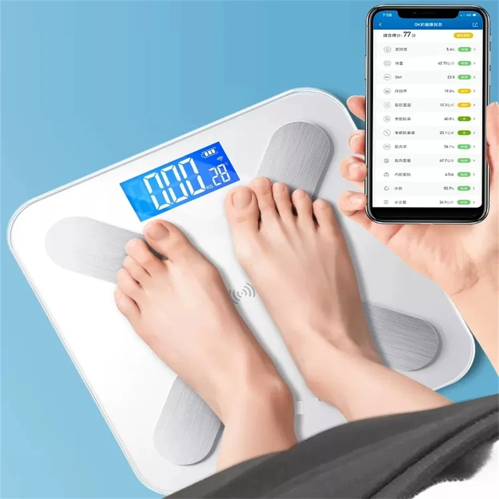 

Электронные весы с Bluetooth, умный прибор для измерения массы тела и индекса массы тела, с ЖК дисплеем, анализатор состава тела, для ванной комнаты