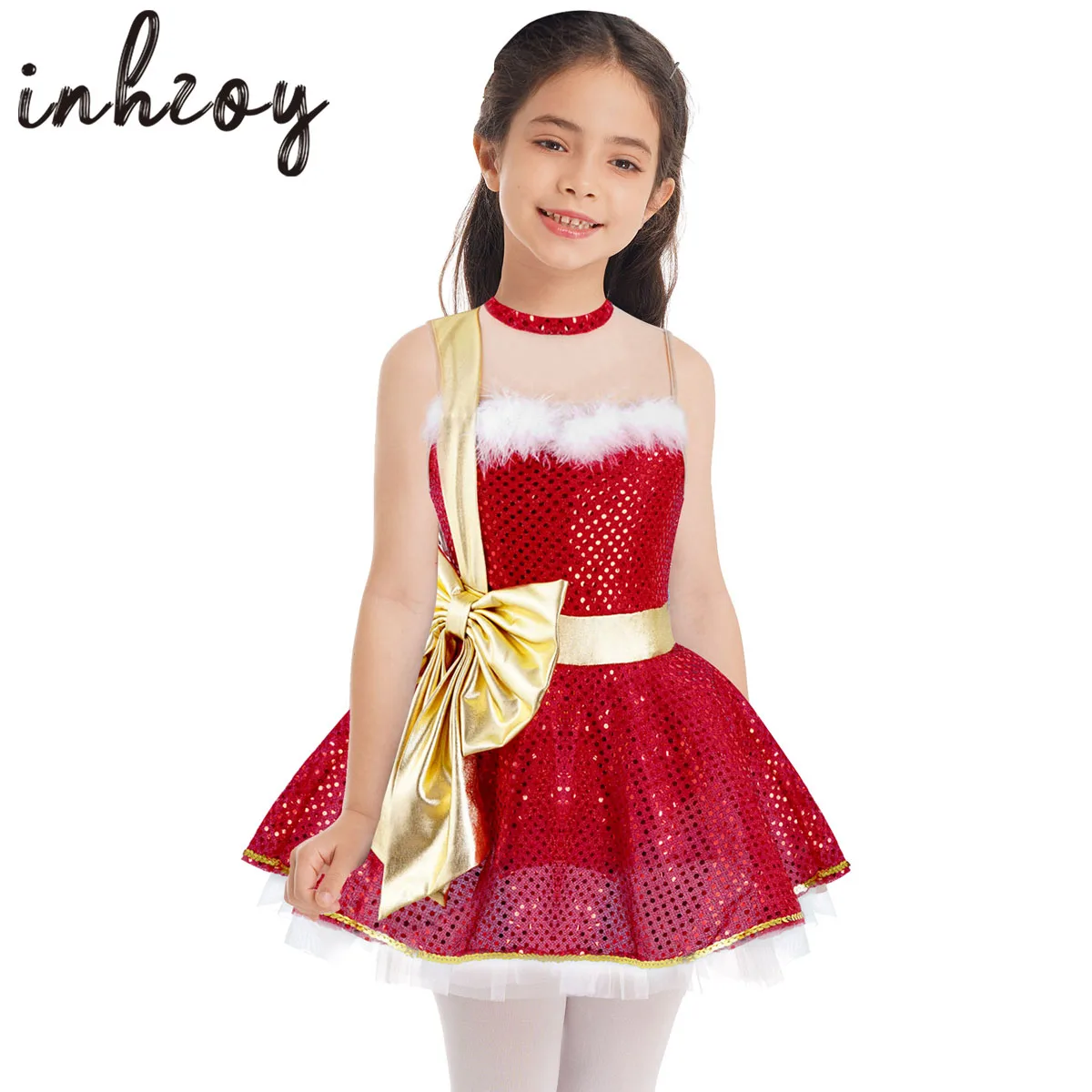 

Kids Girls Sequins Christmas Costume Big Bowknot Mrs Santa Claus Sweetie Ballet Tutu Dress Figure Ice Skating Leotard Dancewear